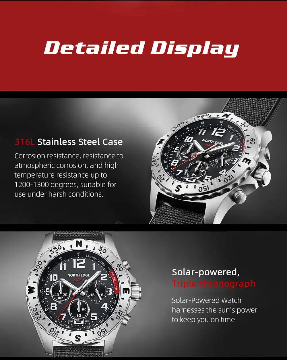 North Edge Mach 2 men's watches, solar-powered, 316L stainless steel case, black dial, two watches on display
