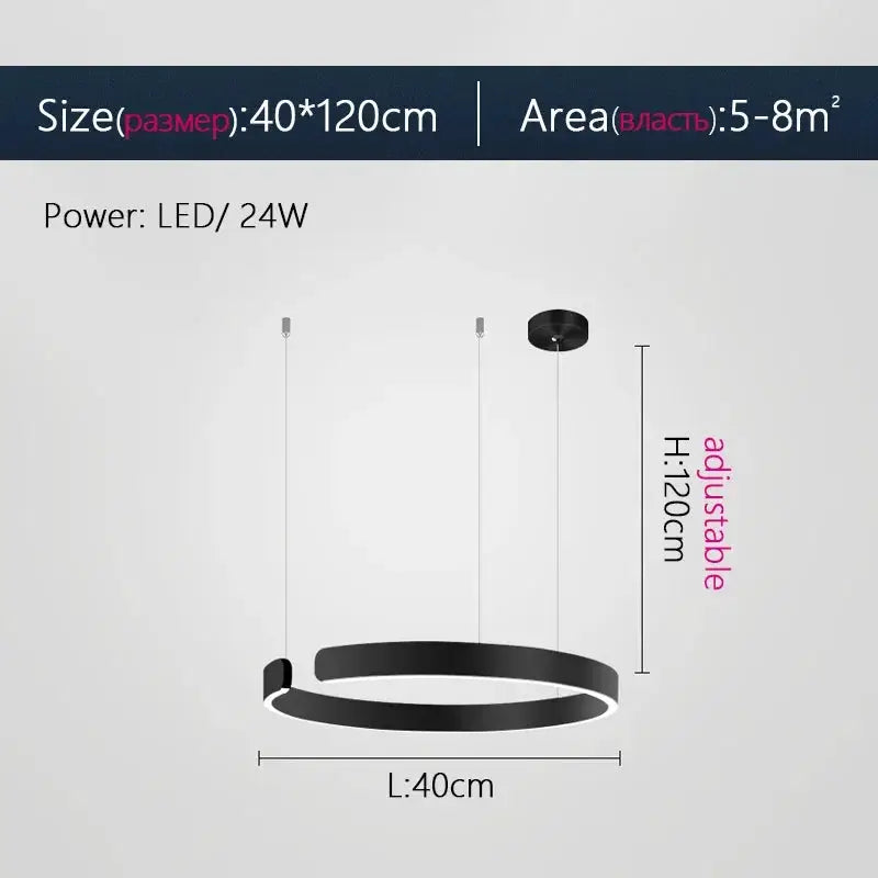 Nordic ring LED pendant lamp, black finish, dimmable, adjustable height, 40cm diameter