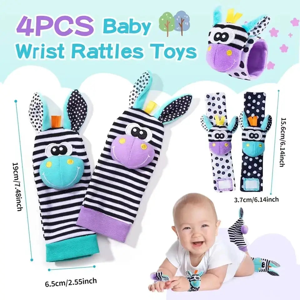 4 Piece Baby Rattle Toys Set Cute Stuffed Animals Wrist Rattles Foot Finder Socks 0 To 24 Months Gift For Infant