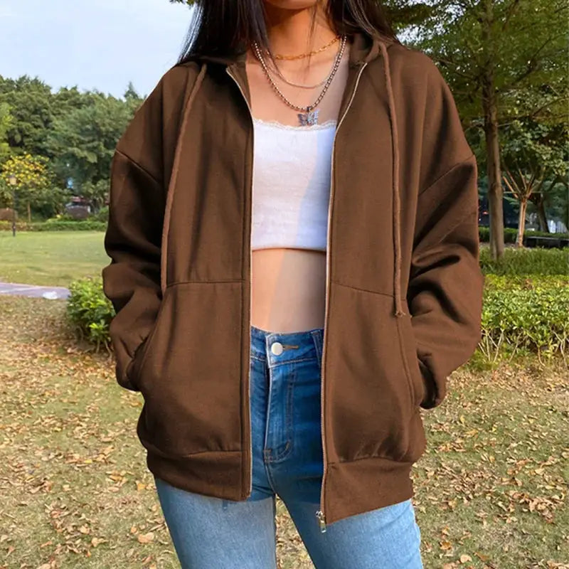 AutumnWear Fleece Hoodie Black Hooded Sweatshirt With Drawstring Pockets And Zipper Loose Fit