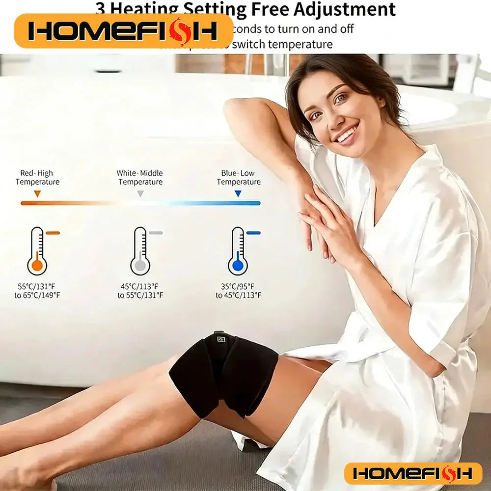 Knee heating pad by Homefish; USB-powered adjustable thermal wrap in black worn on the knee.