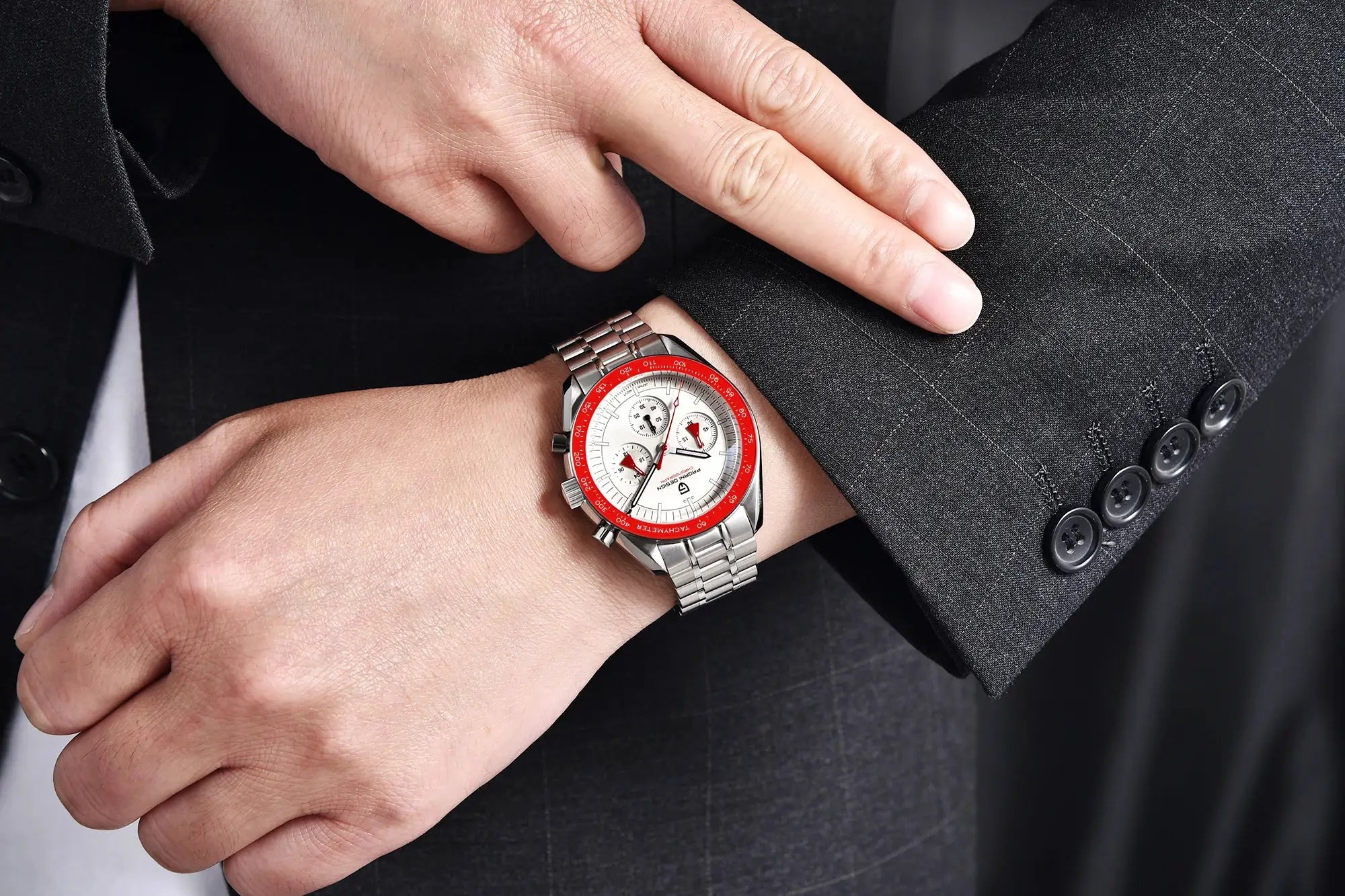 PAGANI DESIGN 500 Speedometer Circle Sport Chronograph watch with red bezel, white dial, stainless steel bracelet