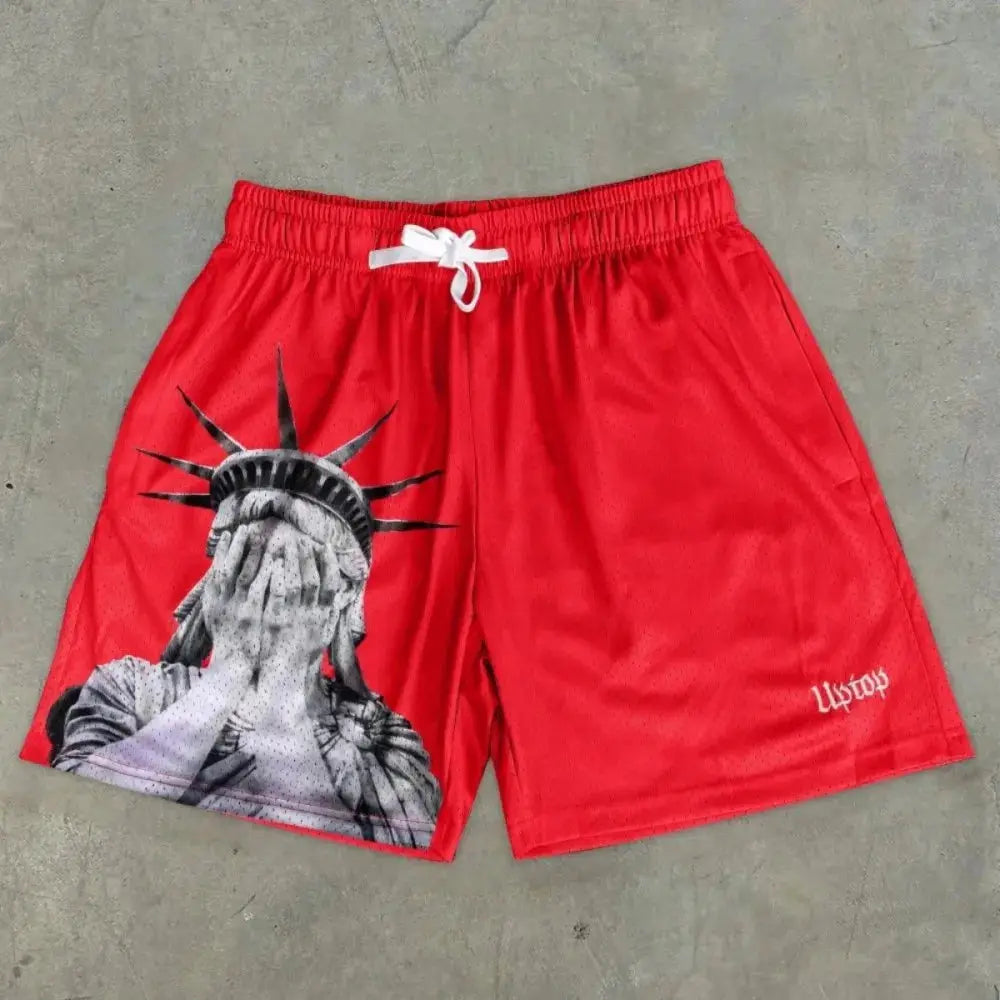 Men's red Statue of Liberty print breathable drawstring shorts by Simples Market