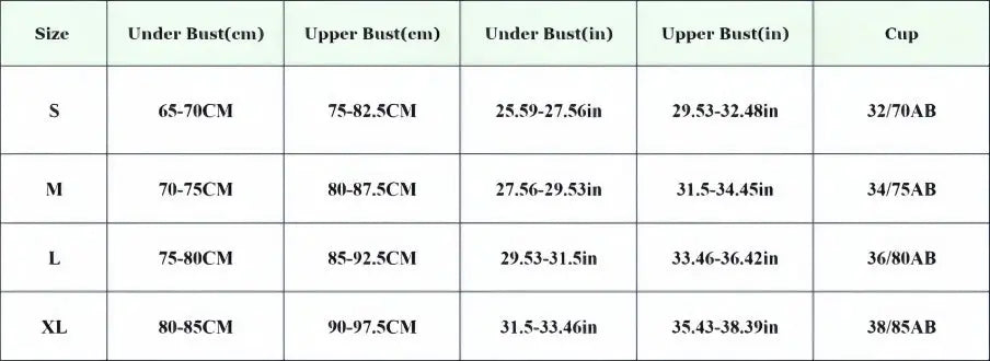 Simples Market women's seamless bra size chart with under-bust, upper-bust and cup ranges for S–XL.