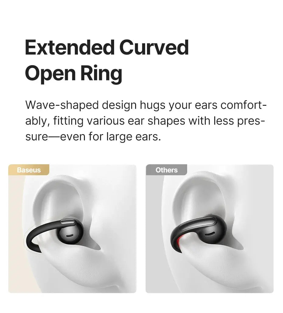 Baseus Bowie MC2 AIR clip-on TWS earbuds (black) with open-ear hook; two units shown side by side