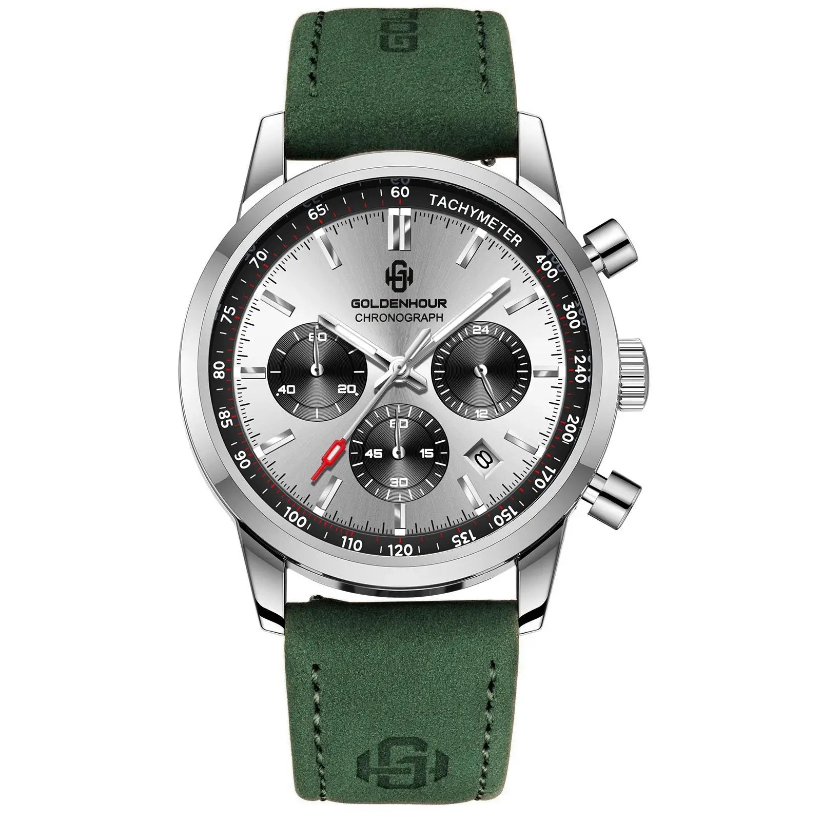 Men's Goldenhour chronograph watch with green leather strap and tachymeter bezel