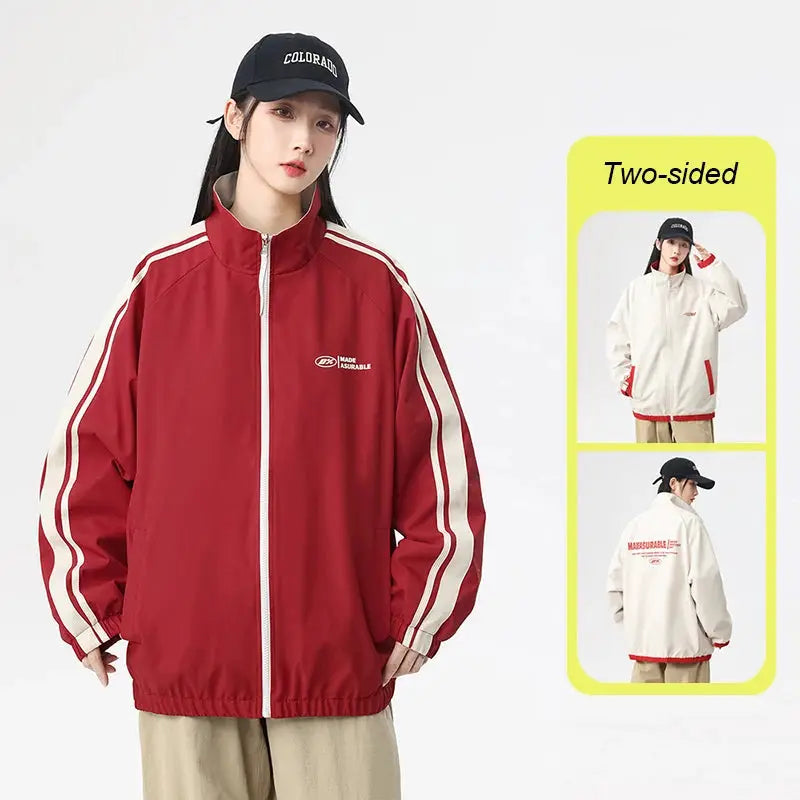 Two-sided reversible windproof jacket, red with white stripe sleeves; outdoor coat