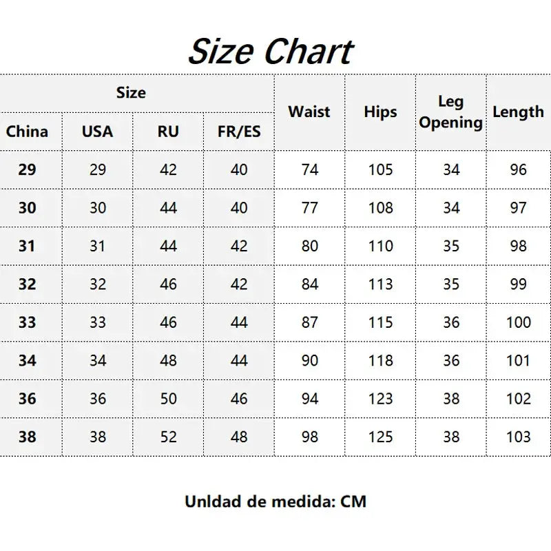 HIQOR men's cargo pants size chart by Simples Market showing waist, hips, leg opening and length measurements