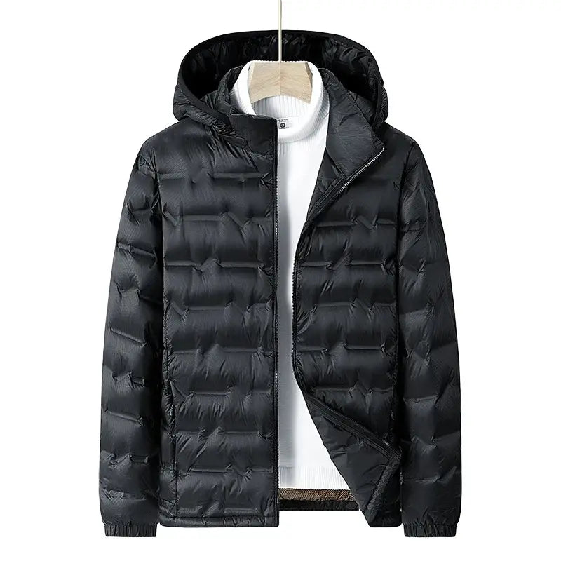 Men's black hooded down puffer jacket with front zipper