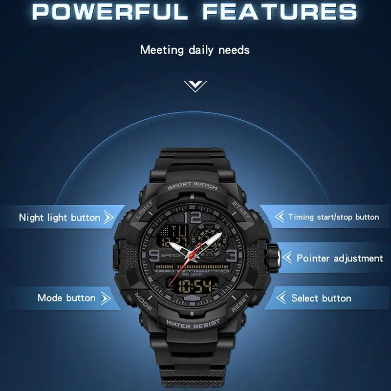 SANDA 6130 dual-display men's sport watch, black waterproof LED digital-analog clock by Simples Market