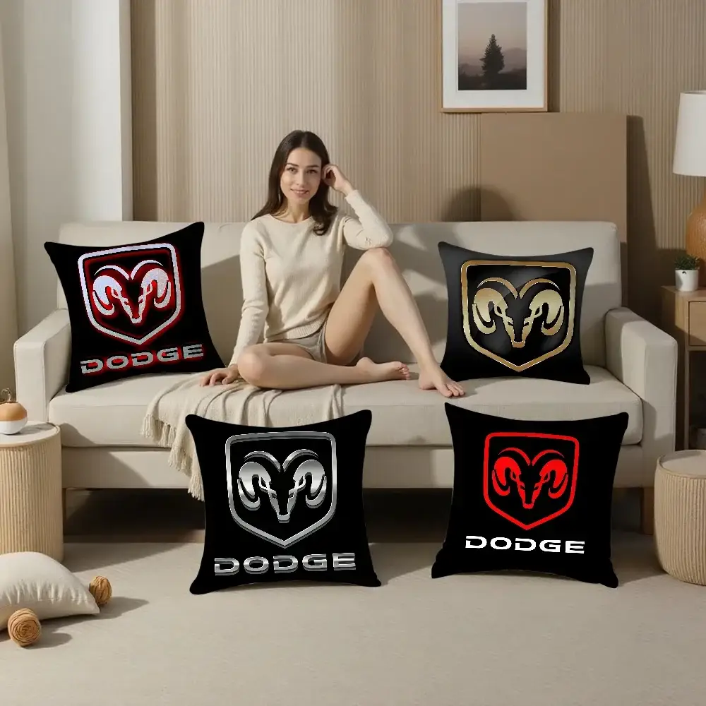 D-Dodges car logo pillow covers set in plush black fabric with four double-sided Dodge Ram cushions for sofa