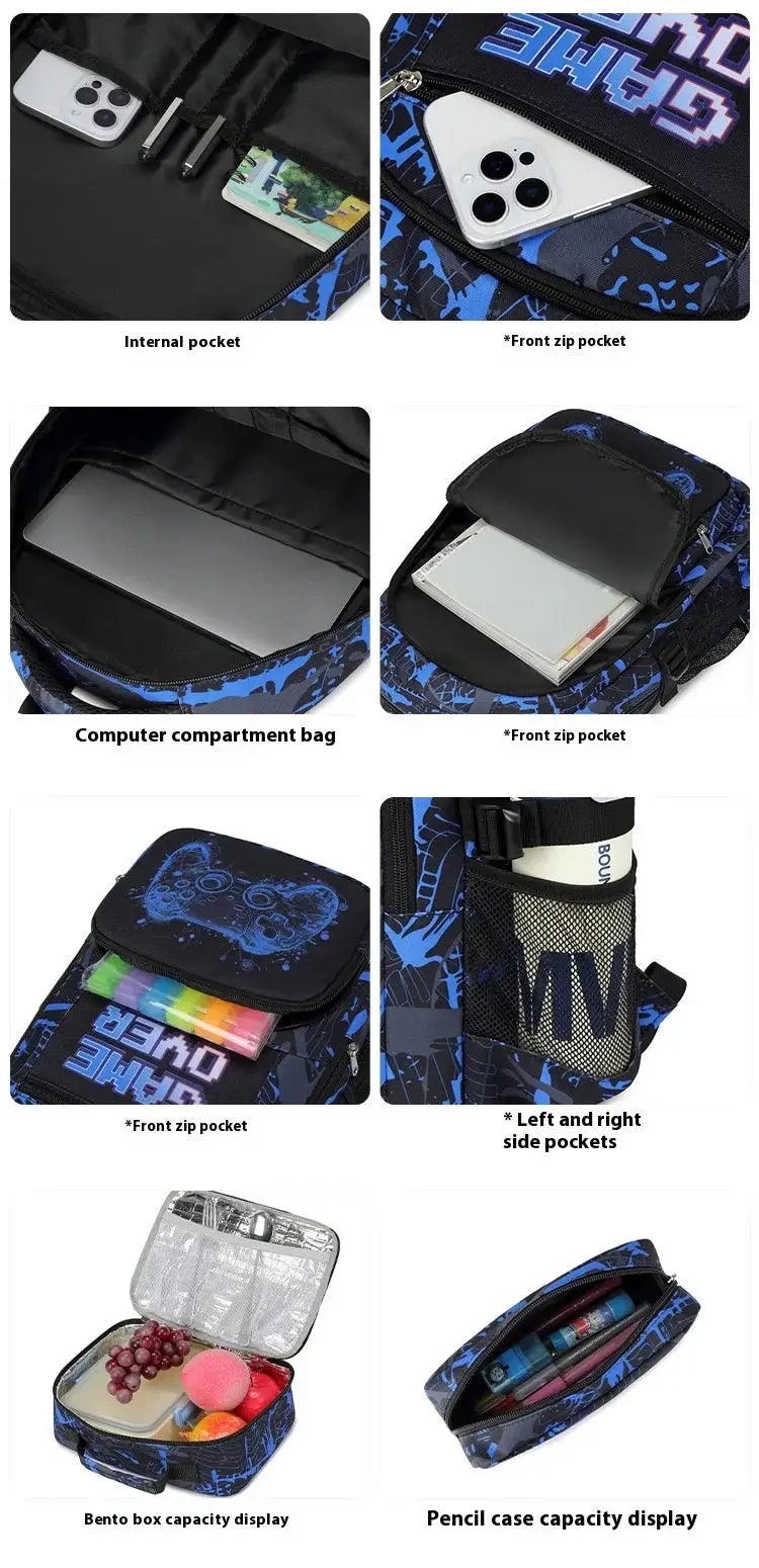 Simples Market 3-piece boys backpack set with lunch bag and pencil case in blue camo pattern