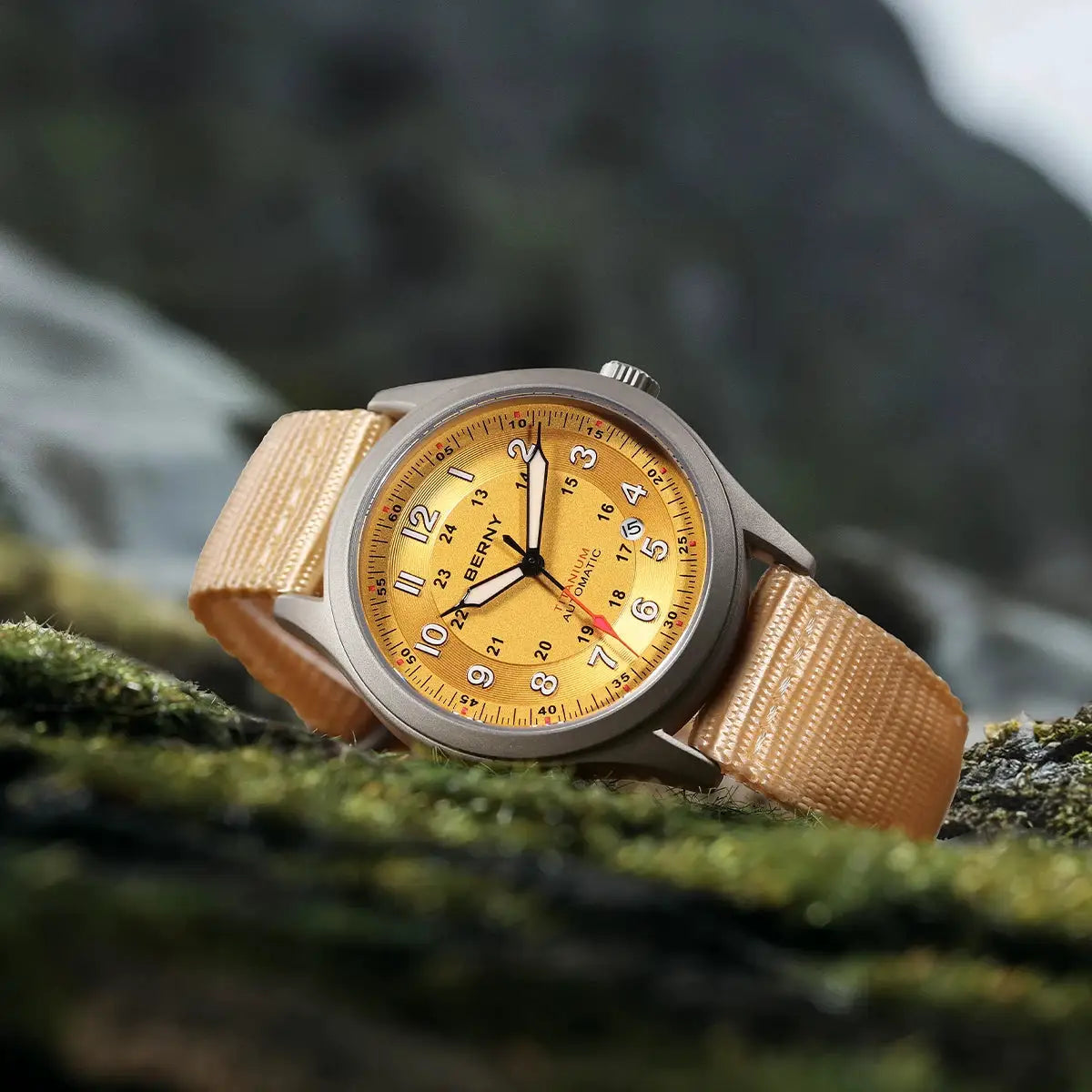 BERNY automatic titanium field watch for men with gold dial, beige fabric strap, luminous hands, easy read numerals