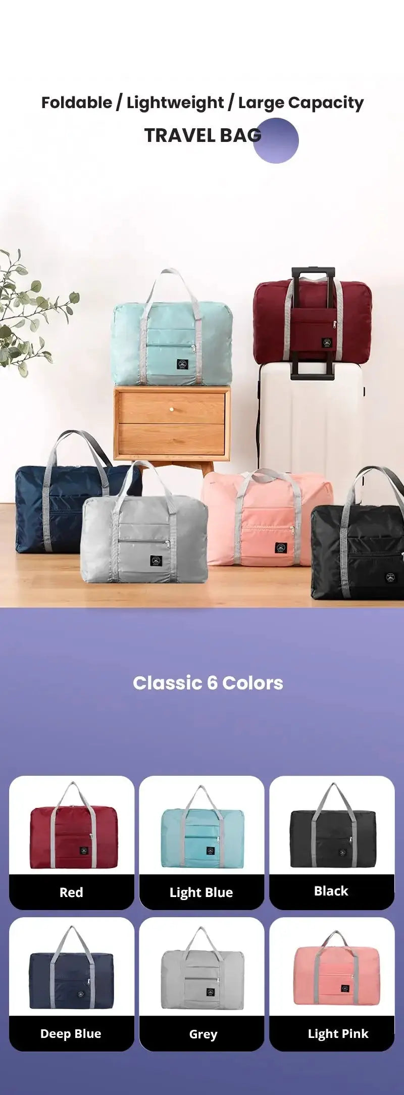 Foldable travel duffel bag by Simples Market, lightweight, large-capacity, 6 colors shown.