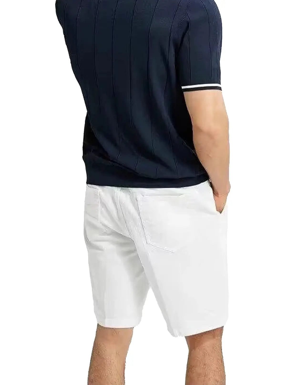 CH Men vertical striped knit polo shirt navy with white cuff trim, short sleeves