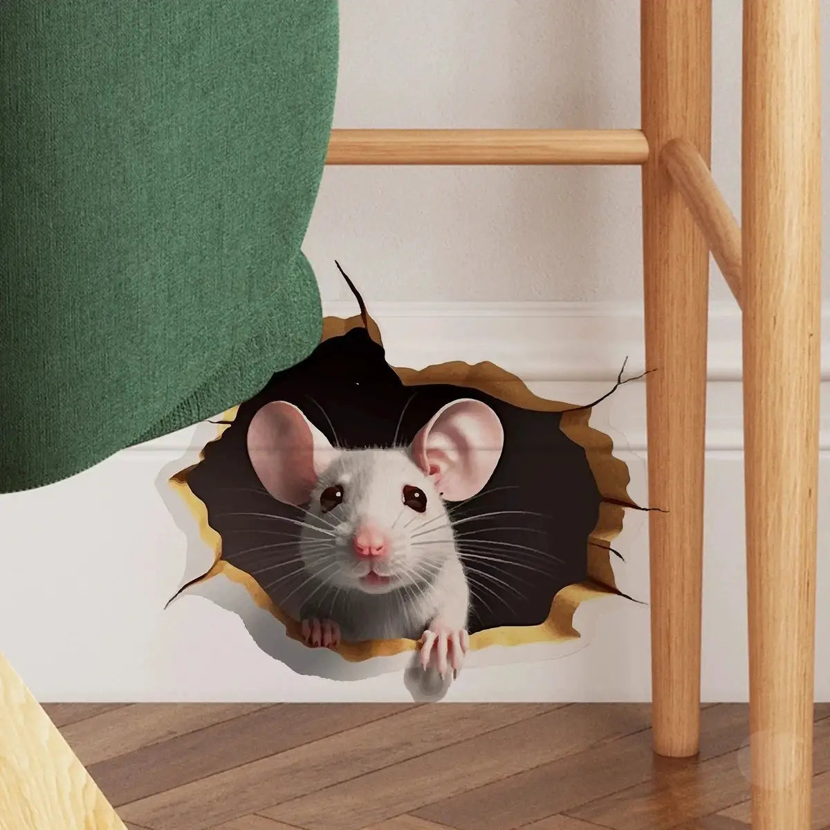 3D Effect Personalized Mouse Hole Sticker With Reading White Mouse Peeking From Flower Branch For Home Decor