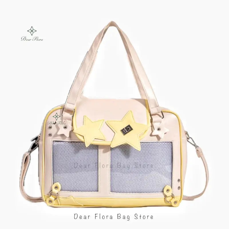Y2K star ita bag by Dear Flora in pastel beige with yellow star embellishments, mesh pockets, crossbody style