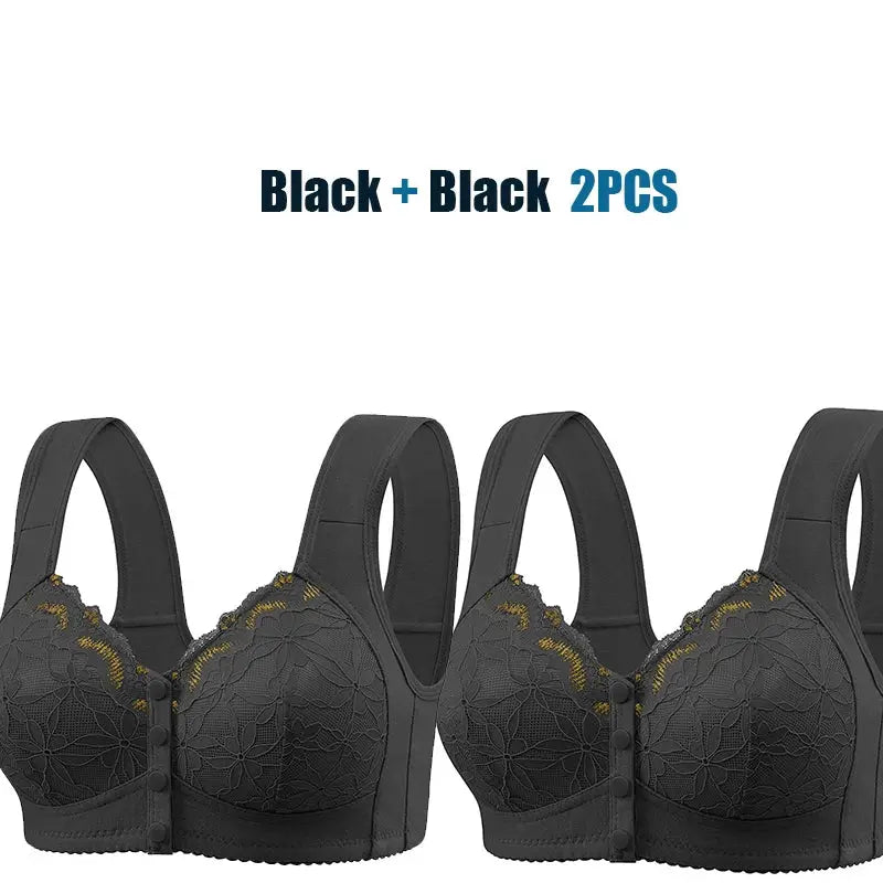 Two black lace front-closure bras, no underwire, extra-large size, Simples Market 2PCS