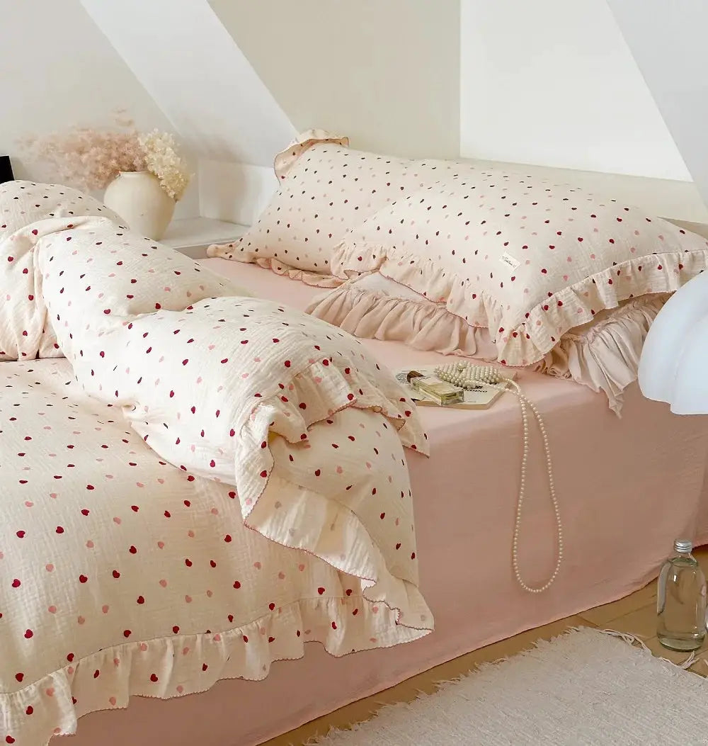 Simples Market INS Princess gauze cotton bedding set, pink with red dots, ruffle-edge pillowcases and duvet cover, 3pc