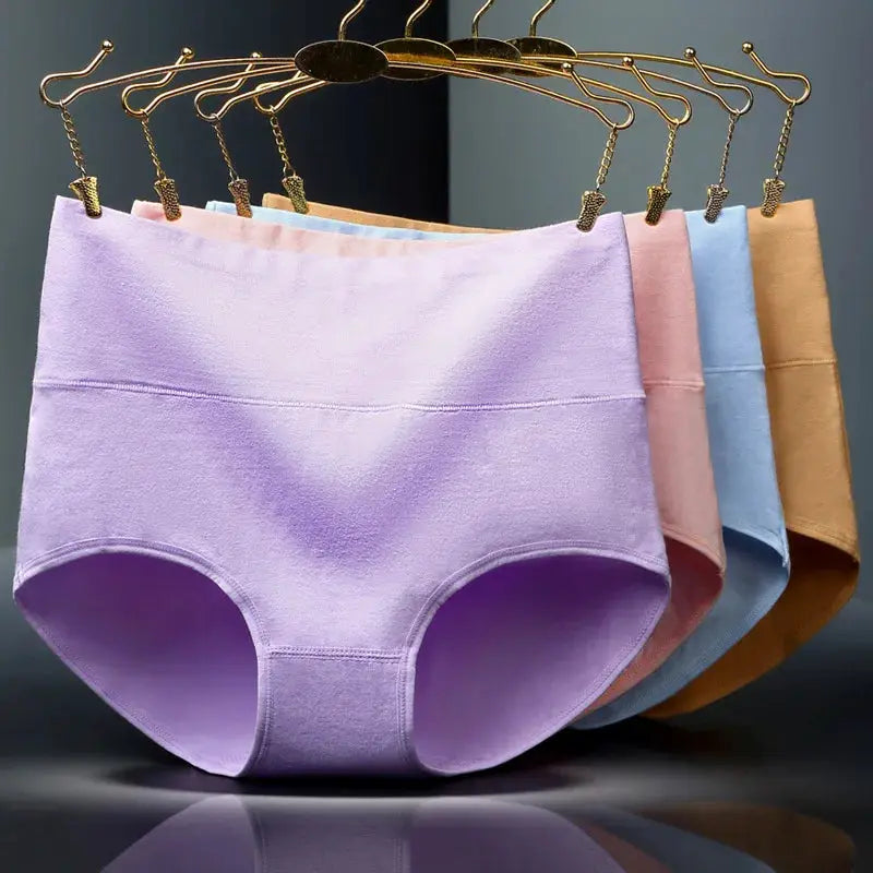 4-piece high-waist cotton panties for women, plus-size, pastel lavender, pink, blue and tan, shaping underwear.