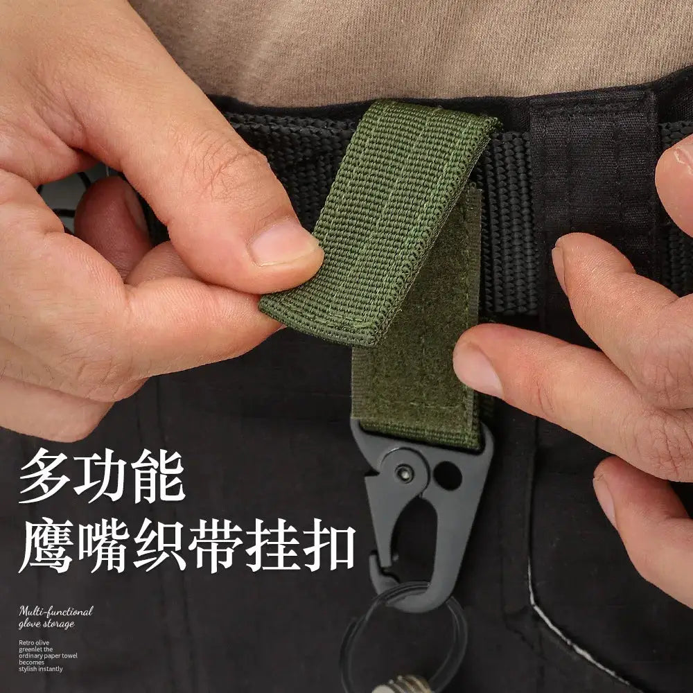 Carabiner nylon key hook with green MOLLE strap and hanging buckle by Simples Market