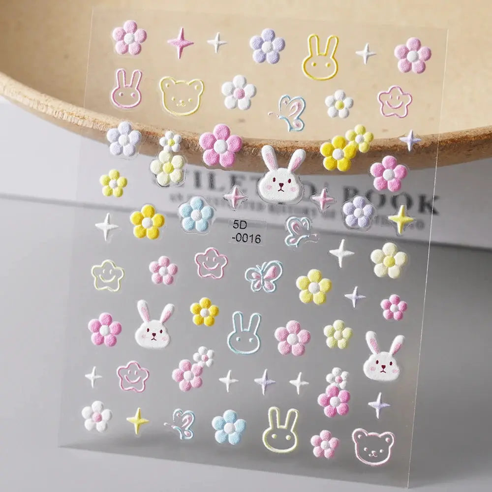 5D nail charms sticker sheet by Simples Market with pastel bunny, bear, flower and star decals on clear sheet