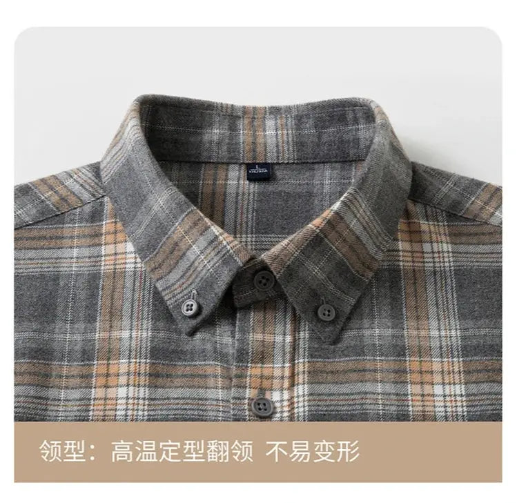 Men's plaid flannel shirt, 100% cotton with grey and tan check, anti-wrinkle, Simples Market, sizes M-4XL