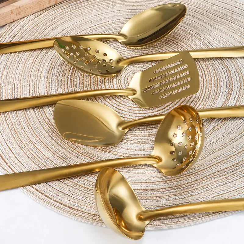 Two And Six Piece Stainless Steel Kitchenware Set Korean Golden Design Soup Spoon Colander Hot Pot Spoon Frying Spoon