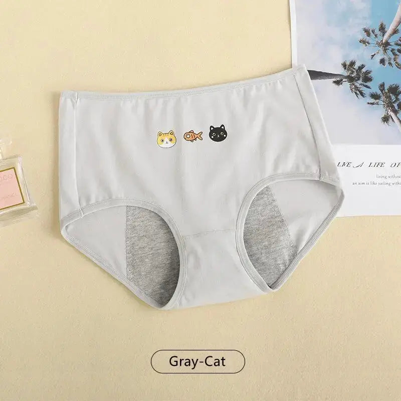 Simples Market girls' cartoon-print breathable cotton menstrual panties, gray with cat icons, leak-proof briefs