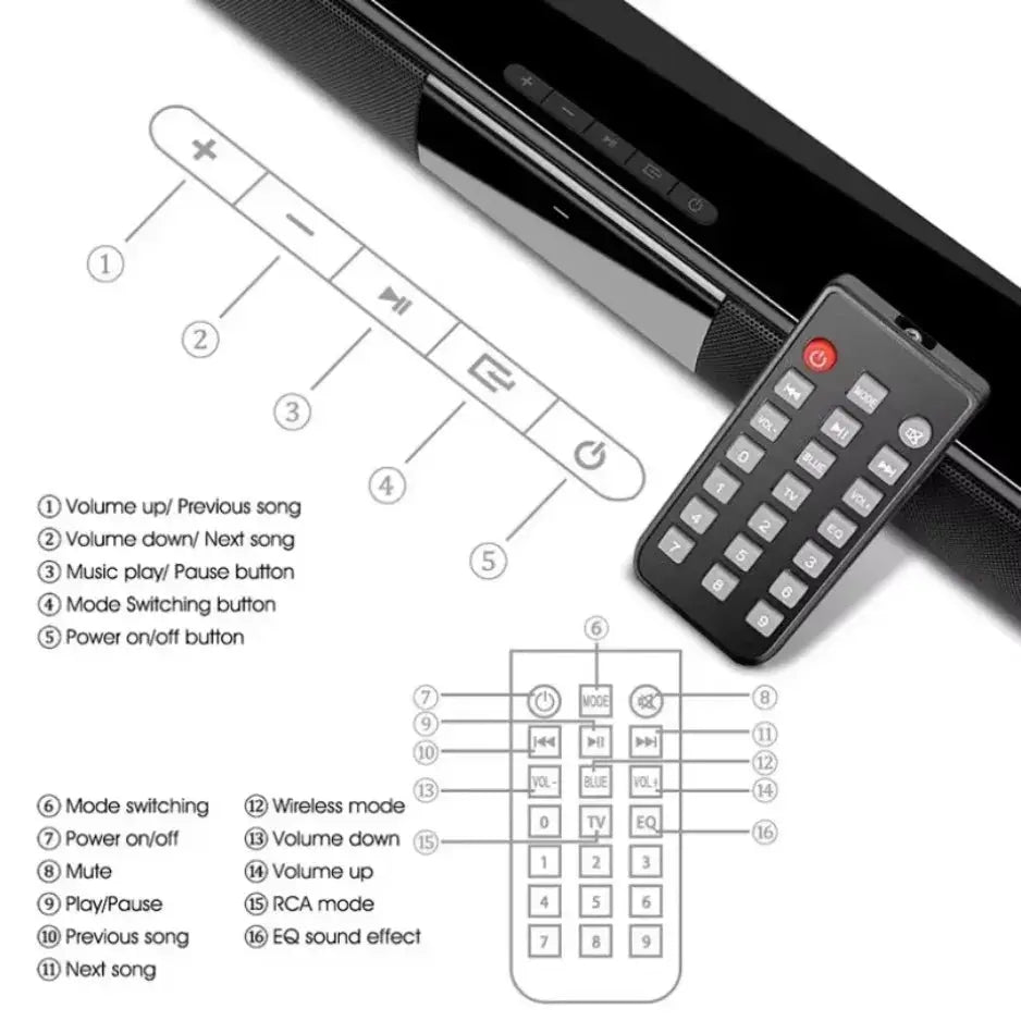 XIKCU soundbar with remote control; black Bluetooth 5.3 stereo home cinema speaker by Simples Market