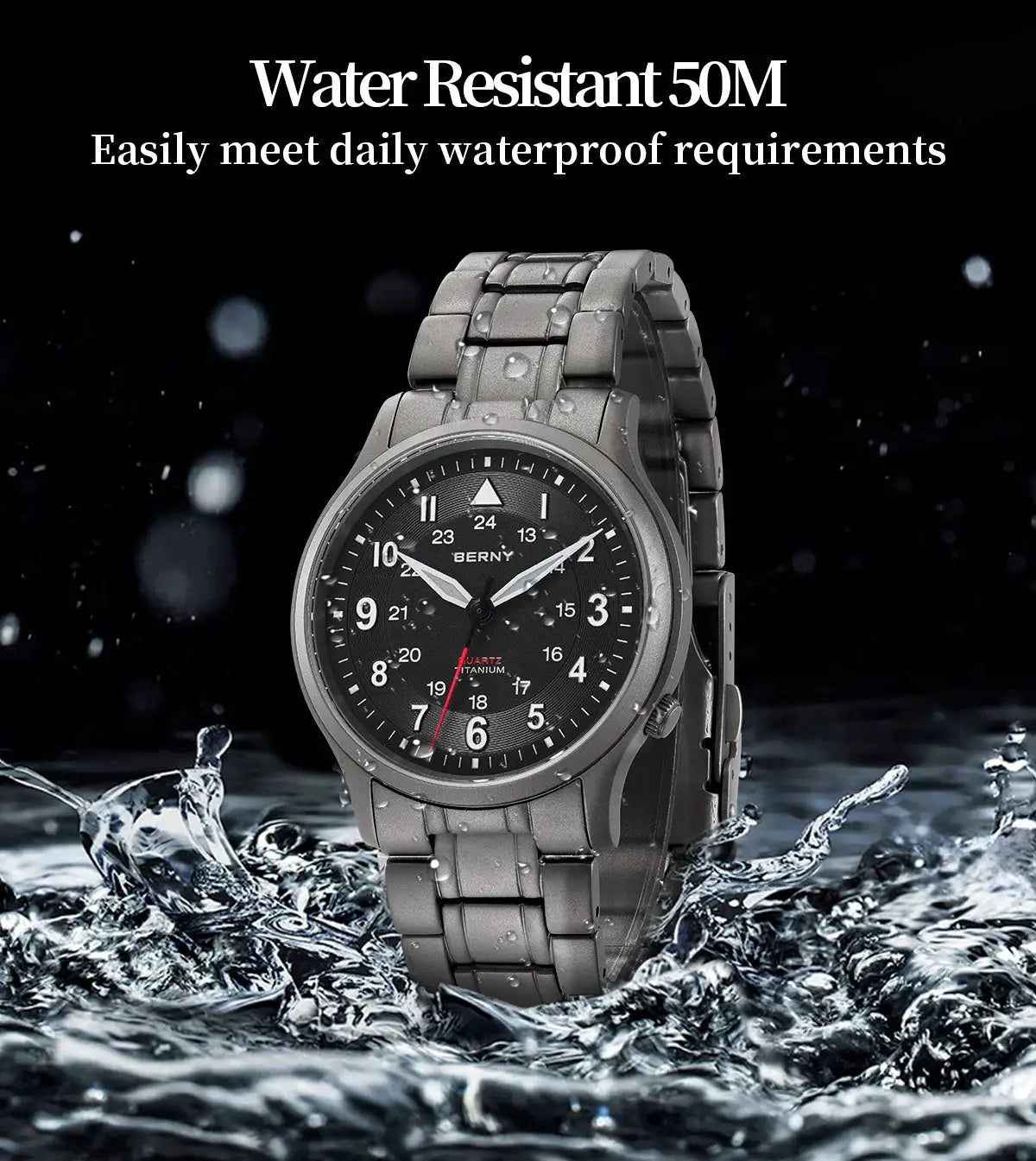 BERNY titanium men's field watch, black dial with luminous hands and titanium bracelet, water resistant 50M