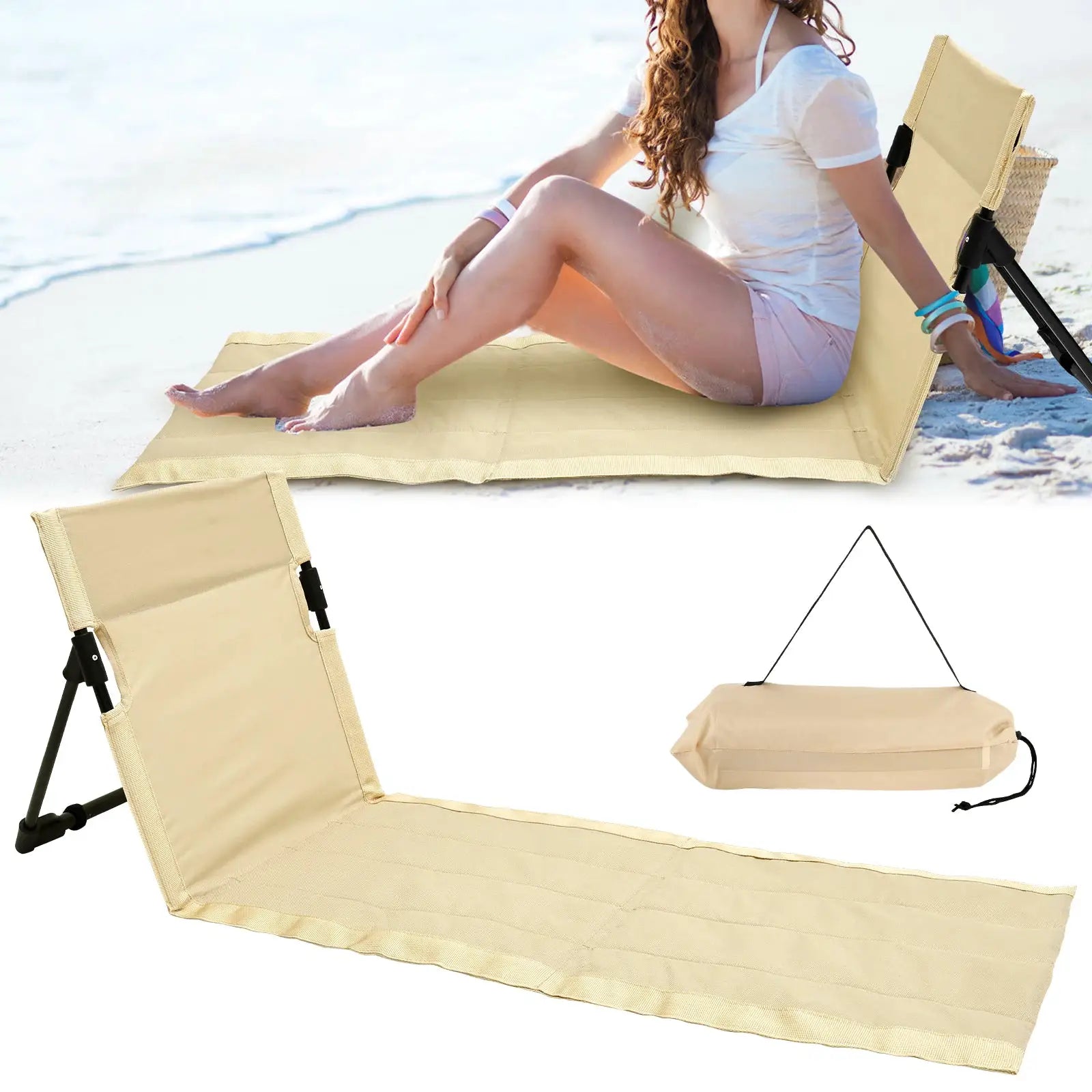 Outdoor foldable camping chair with beige Oxford cloth backrest cushion on the beach