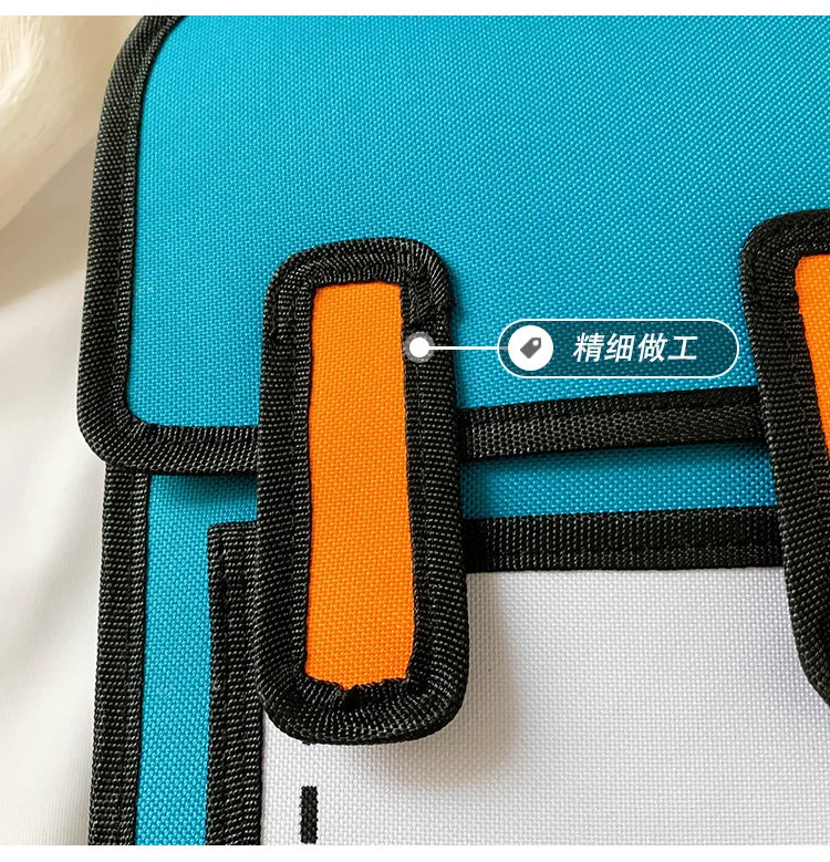 Two Dimensional 3D multifunctional backpack for children by Simples Market, turquoise with orange padded straps