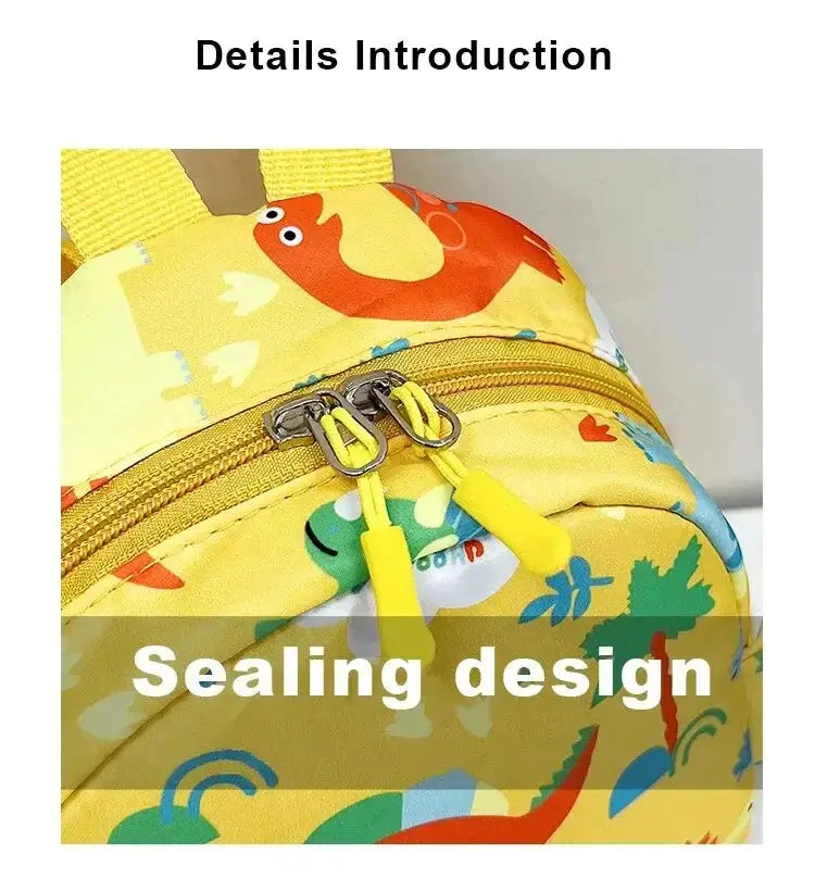 Cartoon dinosaur kids backpack in yellow with colorful print and adjustable straps