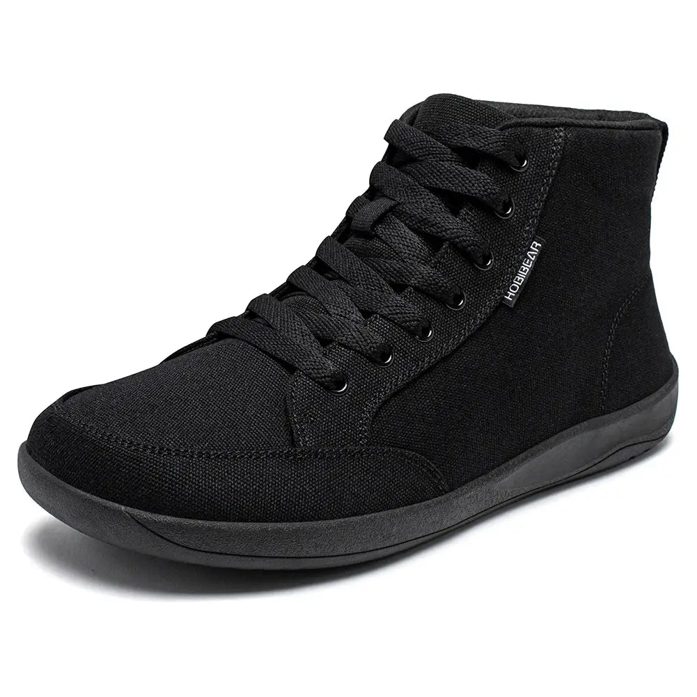 HOBIBEAR mid-top barefoot canvas sneakers, black, lace-up, unisex with wide toe box and zero-drop outdoor shoes