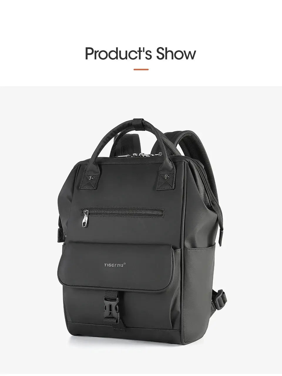 Tigernu black ladies casual backpack with front zip pocket, buckle closure, top handles, splashproof TPU material