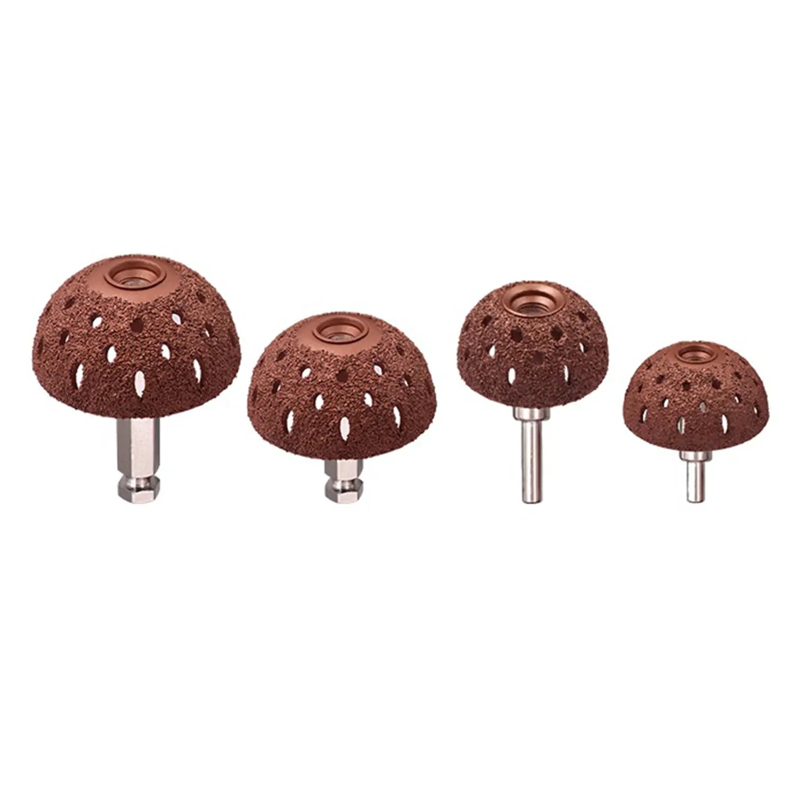 Simples Market tire grinding head set; tungsten hemispherical grinding wheels, brown, 4-piece with varied shanks.