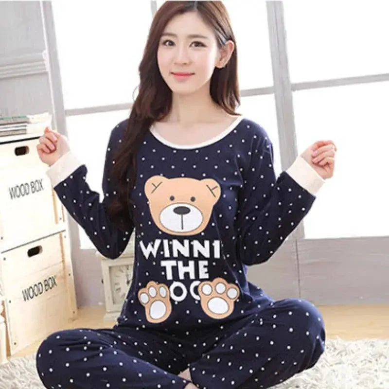CozyCloud Autumn Thin 2 Piece Pajama Set Women Lightweight Breathable Sleepwear With Cartoon Teacup Cat Print