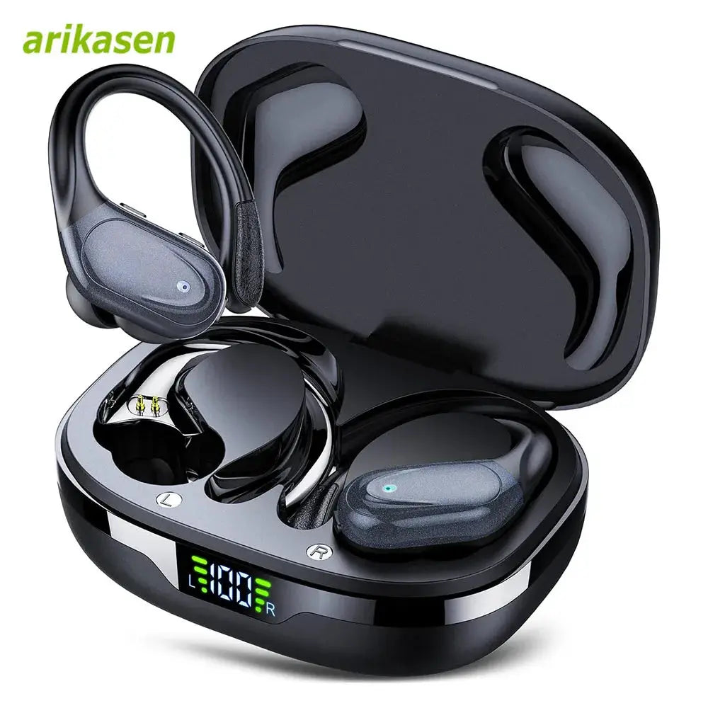 Wireless earbuds arikasen with LED display charging case; glossy black case and dark gray-blue buds
