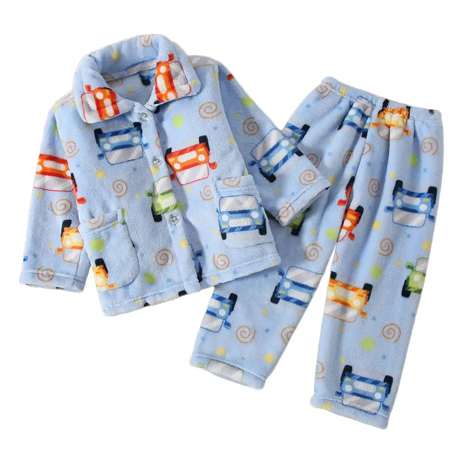 Cute Cartoon Pattern Coral Fleece Flannel Pajama Sets For Boys And Girls Long Sleeve Warm Comfortable Winter Sleepwear