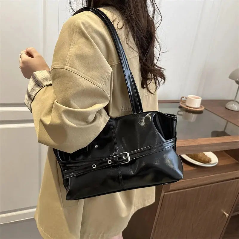 Belt buckle handbag in black soft leather by Simples Market, Korean-style versatile shoulder bag