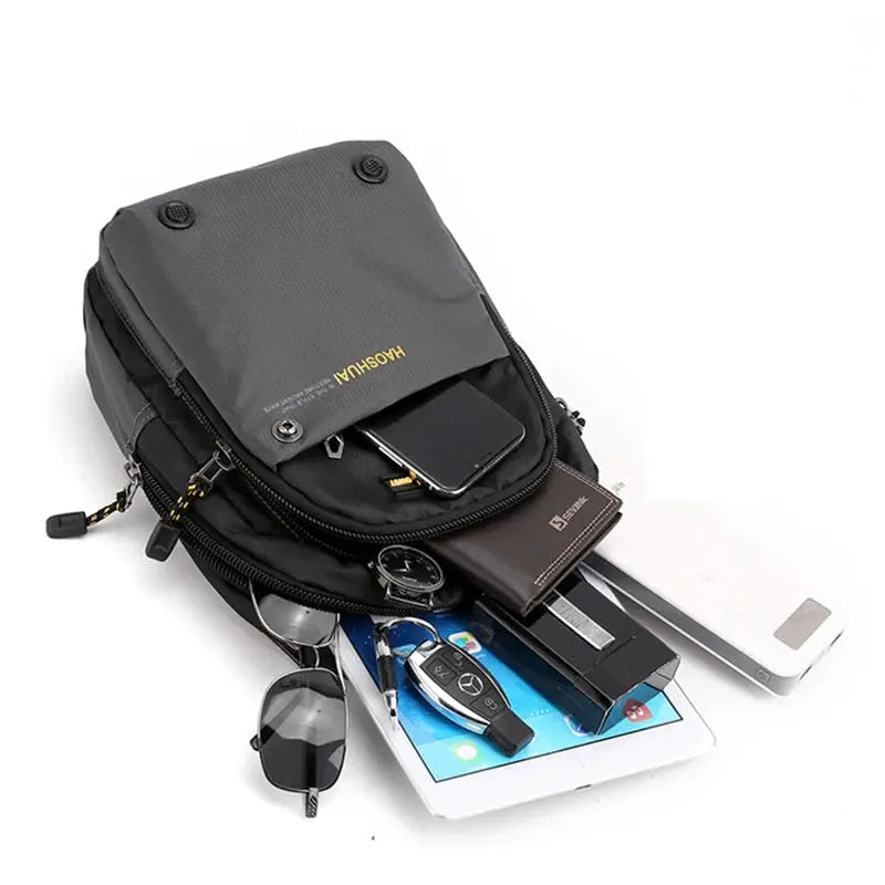 Simples Market men's small nylon backpack rucksack crossbody, black/gray with multiple pockets