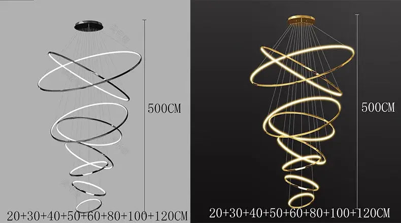 Simples Market LED spiral pendant light with white and gold rings; two color options, 500 cm drop, for staircases.