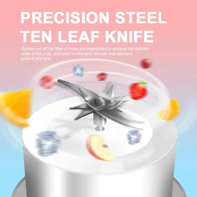Portable juicer blender with stainless steel blades and colorful fruit graphics