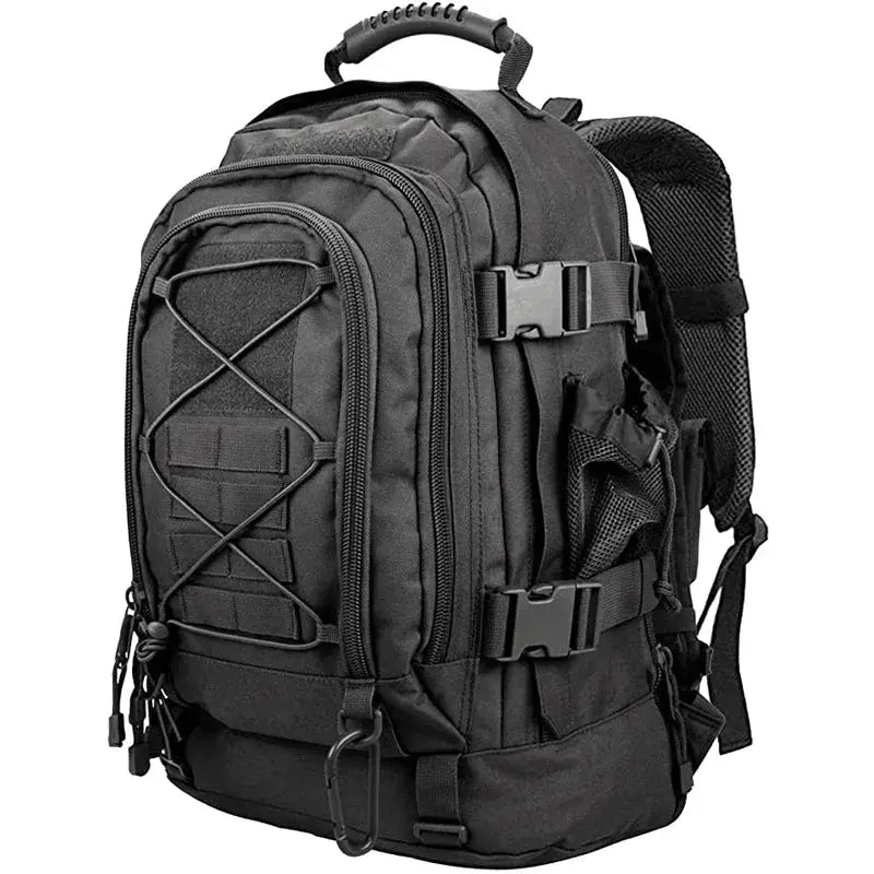 Large capacity tactical backpack, black with MOLLE webbing and multiple compartments for hiking and camping
