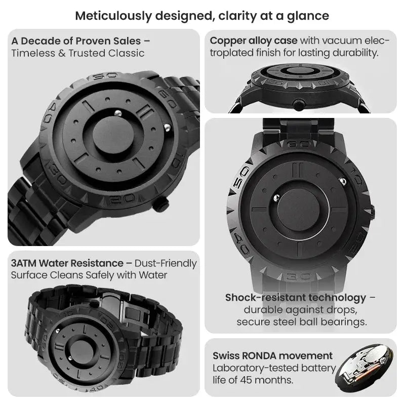 EUTOUR men's black stainless steel watch with bracelet, quartz, waterproof