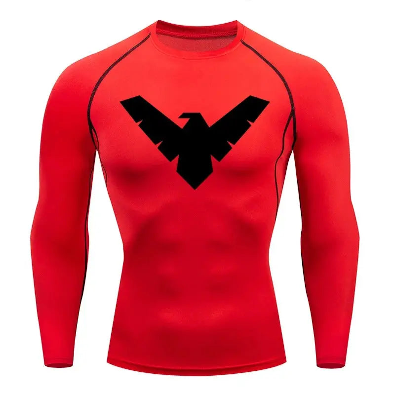 Men's red long-sleeve compression shirt, Simples Market, with black chest logo, quick-dry gym top.