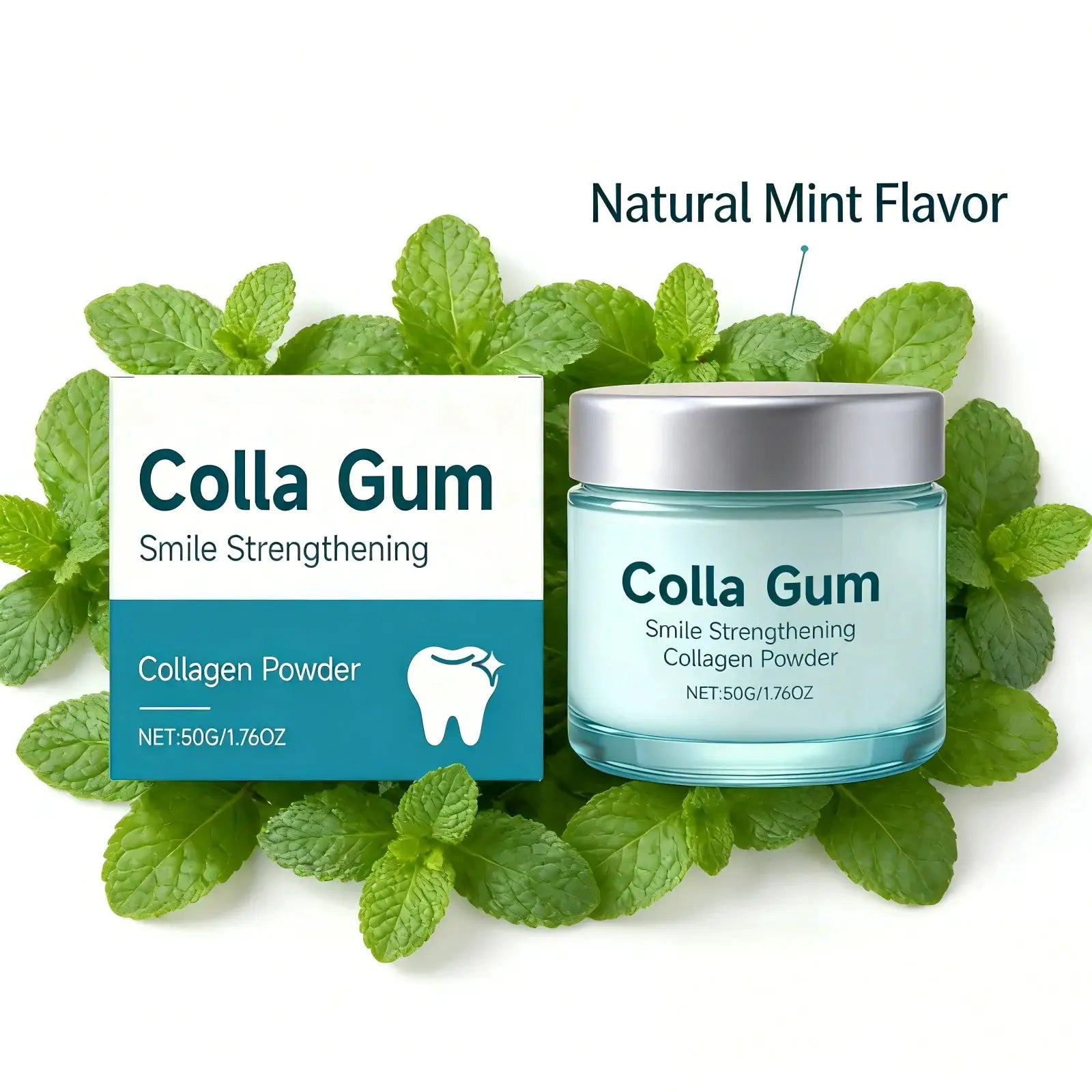 Colla Gum collagen powder box and jar set with natural mint flavor, 50 g each