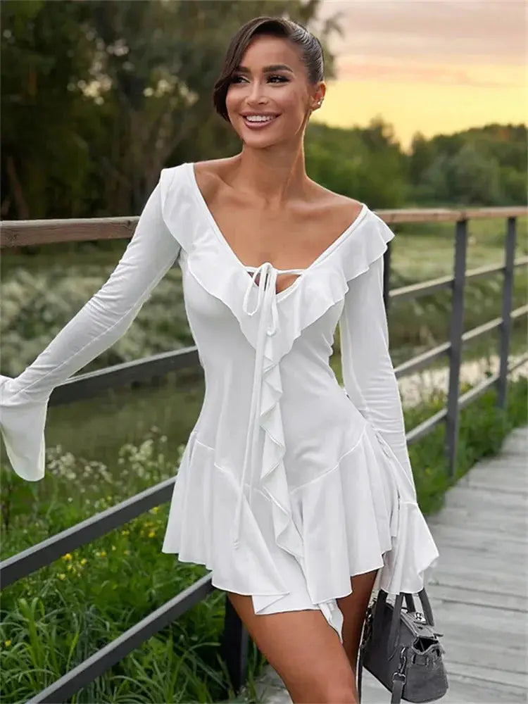 Tossy Ruffled Lace Up White Mini Dress V Neck Patchwork Slim Fit Summer Elegance