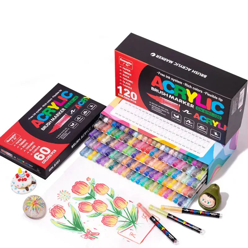 Simples Market 120-color waterproof acrylic marker set with soft brush nib, shown with colorful artwork